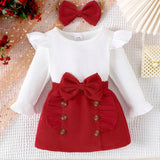3 Peças Conjunto de Bebê Menina: Blusa de Manga Longa de Cor Sólida, Saia Decorada com Laço, Scrunchie de Cabelo - Look Elegante