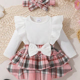 2 Peças Conjunto Xadrez Babado e Bodysuit com Faixa de Cabeça