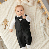 3 peças/Conjunto Roupa de Outono Fofa de Menino/Menina Recém-Nascido Estilo Cavalheiro, Colete, Camisa de Manga Longa Cor Sólida, Macacão com Calça para Festa de Aniversário, Cerimônia, Casamento, Batizado, Comemoração