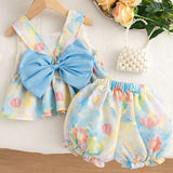 2 peças/conjunto, Top Regata com Decor de Flor nas Costas e Laço, e Shorts, Conjunto Casual de Verão para Bebê Menina
