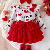 3 Peças Conjunto de Camiseta com Manga Curta e Estampa de Coração e Letra do Amor e Saia com Elástico na Cintura com Decoração Multicamadas de Laço, para Menina Bebê, ideal para férias