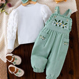 Conjunto Casual de 3 peças para Bebê Menina, inclui Camiseta de Manga Longa Listrada, Calça com Alças Estampada de Flores com Bolsos e Faixa de Cabelo com Laço, Adequado para Primavera e Outono