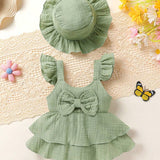 Conjunto PinkDress - Vestido Plissado com Babado e Chapeu