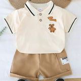 Conjunto de Blusa de Manga Curta e Shorts com Estampa de Urso Cartoon para Bebês e Crianças Pequenas