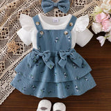 3 Peças Conjunto de Vestido de Aniversário para Menina com Top de Manga Curta Colorida e Saia Floral com Babados e Laço, Acompanhado de Tiara com Laço